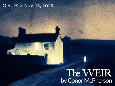Show poster for The Weir by Conor McPherson. A glowing figure in the dark along a path near an old stone building.