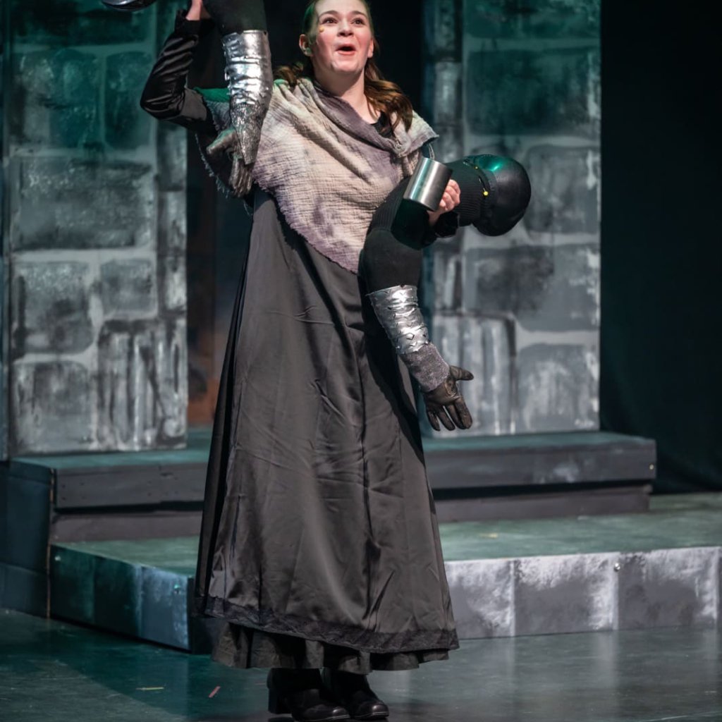 Spamalot archive photo. King Arthur and the Black Knight engage in a sword fight.