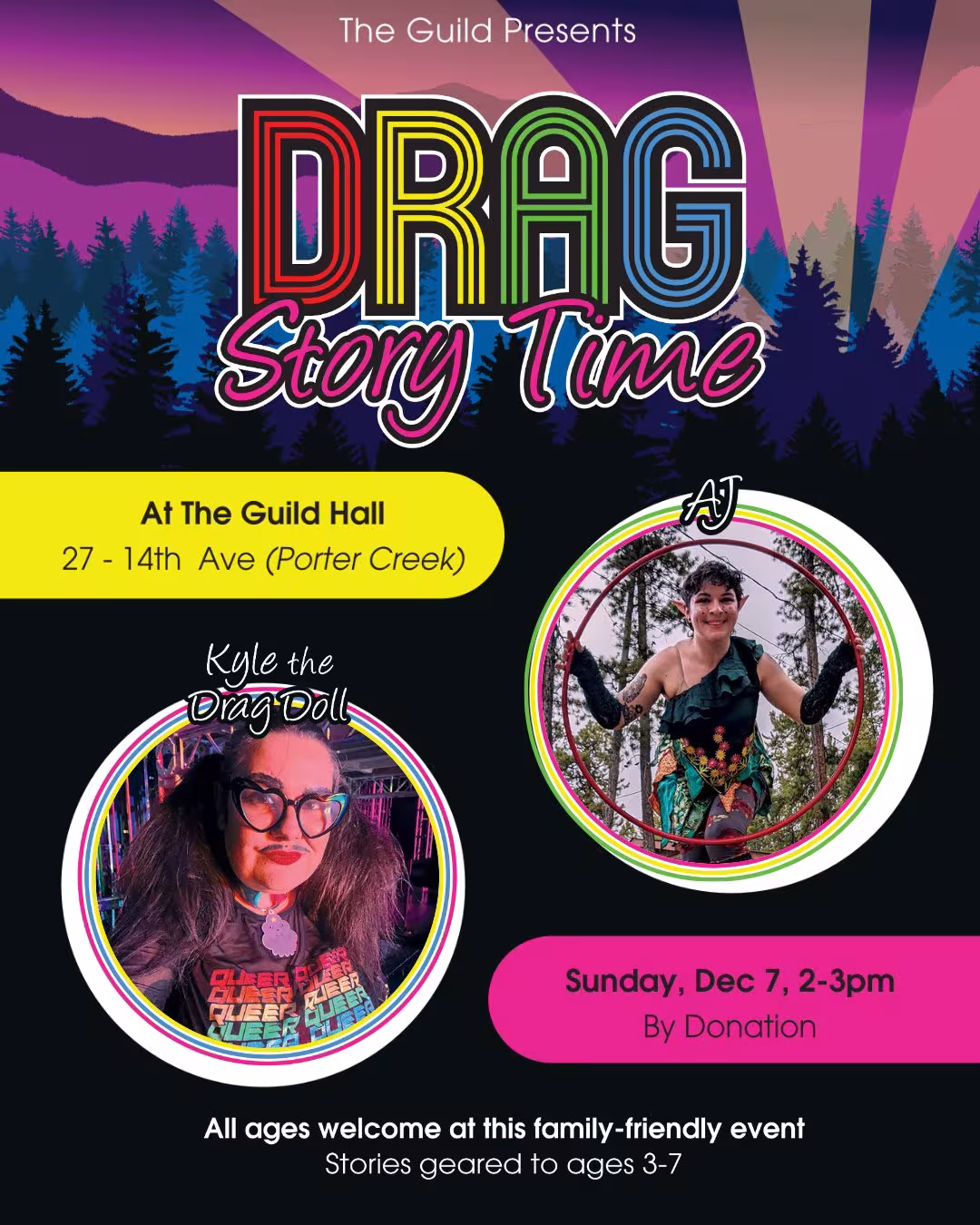 The Guild Presents Drag Story Time at the Guild Hall. Sunday, December 7, 2-3pm. Featuring AJ and Kyle the Drag Doll. All ages welcome at this family-friendly event. Stories geared to ages 3-7.