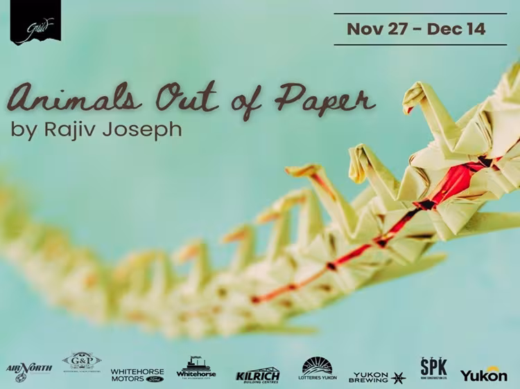 Animals Out of Paper show poster. A string of origami cranes in front of a blue-green background.