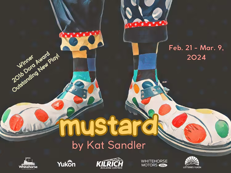 Show poster for Mustard. Two feet in large polka-dot clown shoes.