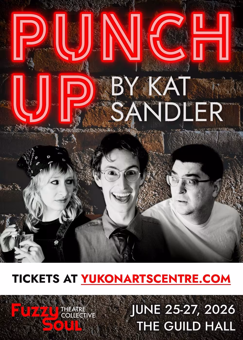 A brick wall background with a neon sign style title reading "Punch Up by Kat Sandler". Black and white photo of a smiling man, a disinterested woman, and a terrified man.